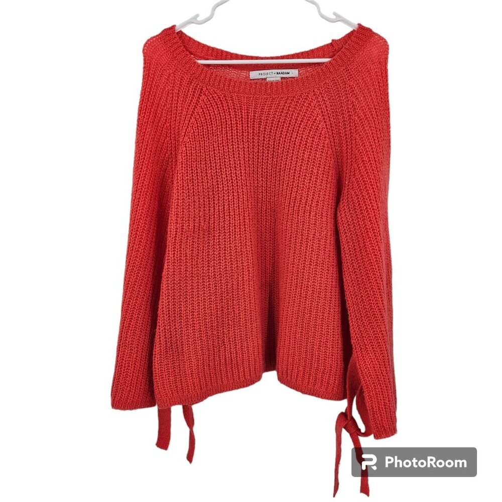 Project Naadam Sweater Coral Pink Open Knit Bell Sleeve Tied Bow Pullover Size S